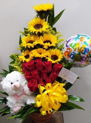7 girasoles con 12 rosas peluche y globo R94
